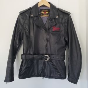 VICTORY MOTORCYCLE Women M Black Leather Moto Zips Jacket Belted Logos V…